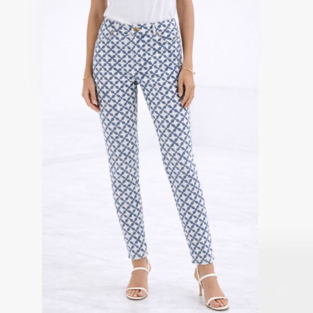 $148 Michael Kors White Blue Printed Skinny Jeans Womens Size 2 Stylish MK Denim